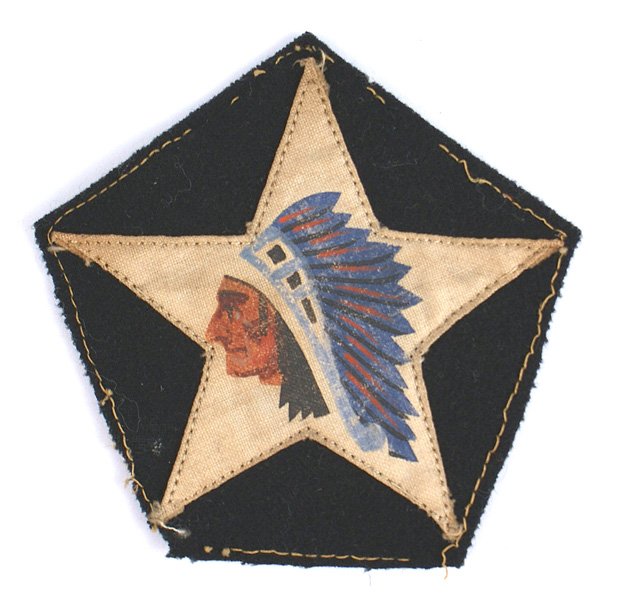U.S. WWI Marine Corps 2nd Division patch: H-104 U.S. WWI Marine Corps 2nd Division, 9th Infantry, Headquarters Company shoulder "patch". Hand painted head of an Indian chief on a white 5-pointed star sewn to a black pentagram. Was removed fro