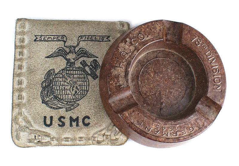 Lot of 2 U.S. WWII ashtray / wallet: H-120 Lot of 2 U.S. WWII era items: (1) Bakelite ashtray with relief lettering "78th DIVISION - GERMANY 1945 - HQ. CO." (2) Handmade leather wallet with a stenciled EGA, "SMC - VMTB" and "134" with a 