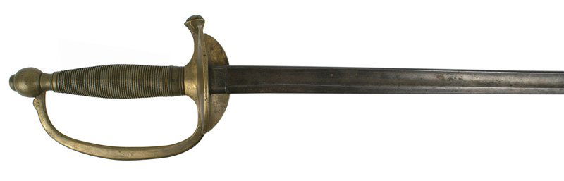 U.S. M1840 NCO sword: K-030 U.S. M1840 NCO sword. All brass ribbed simulated wire wrapped grip, ball pommel, reverse "D" knuckle bow (marked "ADK"), and large clamshell guard (reverse is bent downwards). 32 1/4" straight d