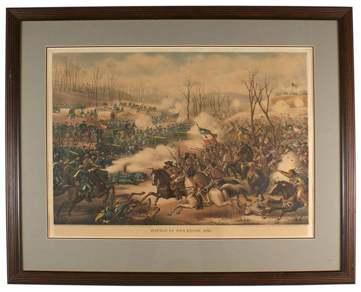 BATTLE OF PEA RIDGE color Civil War print: K-058 "BATTLE OF PEA RIDGE, ARK" by Kurz & Allison, color print. Graphic presentation of Confederate and Indian allies attacking a line of Union artillery. Copyright 1889. Matted and framed. Overall 2