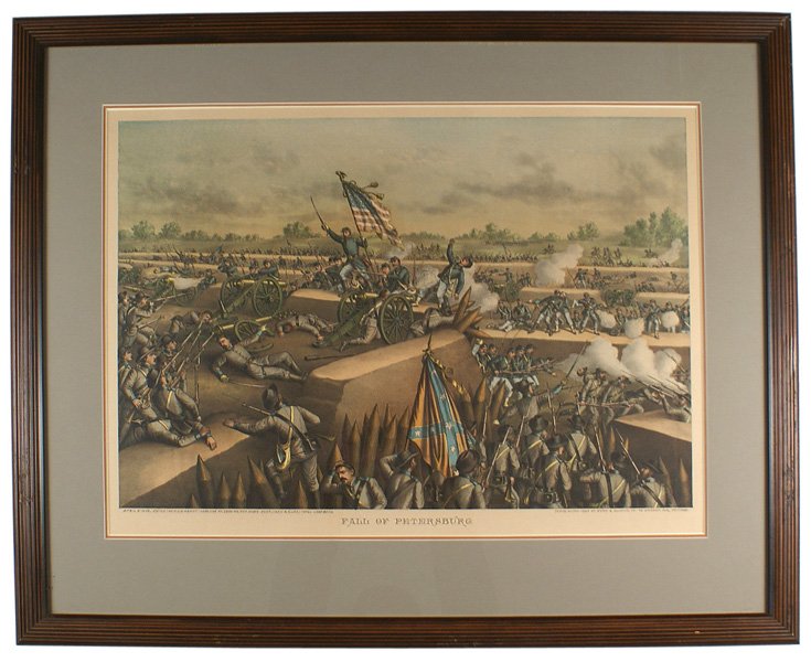 Print of the FALL OF PETERSBURG Civil War: K-060 Colored print of the "FALL OF PETERSBURG", from the Civil War series by Kurz & Allison. Union forces storming across tiered fortified Confederate trenches. Copyright 1893. Matching frame to the 