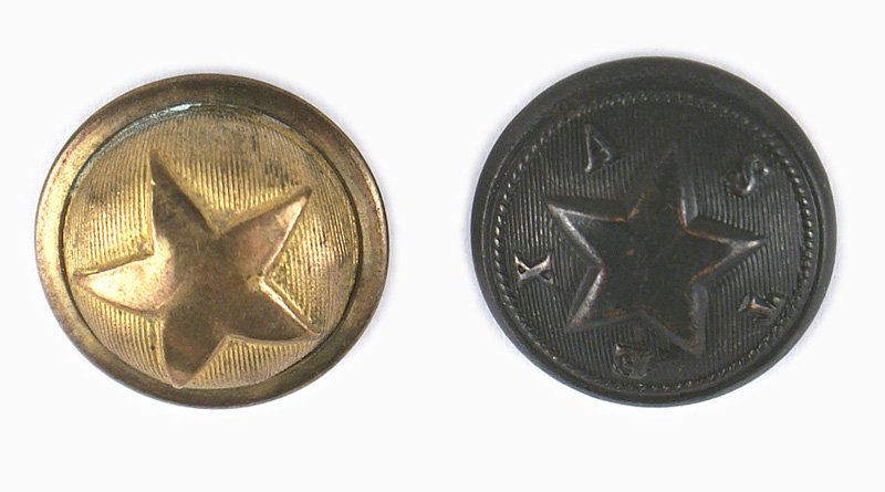 Lot of 2 post Civil War State of Texas buttons: K-075 Lot of two post Civil War State of Texas buttons: (1) Gilt brass, five-pointed star on a lined background. Reverse marked "PETTIBONE MFG CO - CINCINNATI". (2) Blackened brass. Similar to above b