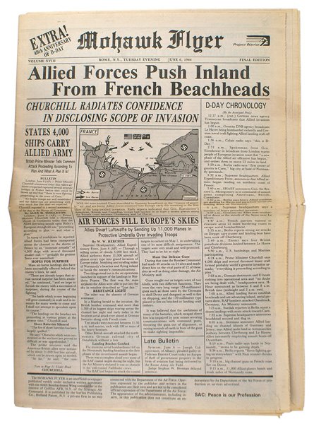 D-Day Commemorative 40th Anniversary: Q-028 40th Anniversary of D-Day Commemorative "Allied Forces Push Inland From French Beachheads" - headline in the "Mohawk Flyer" edition for June 6, 1944. Front page includes a D-Day chronology of ev