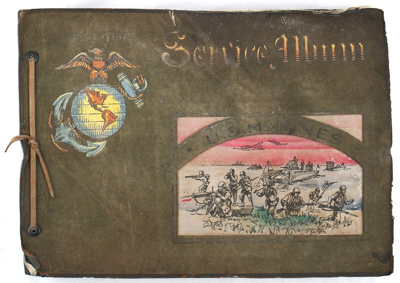 U.S. Marine Corps WWII era photo album: L-011 WWII era U.S. Marine Corps photo album. Soft leather cover with an embossed EGA, "Service Album" and a painted silk panel of troops landing on a beach. Front of album has a "NEPTUNUS REX" blank 
