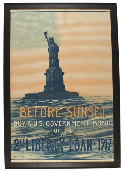 U.S. WWI poster BEFORE SUNSET 2ND LIBERTY LOAN: L-023 U.S. WWI poster: "BEFORE SUNSET - BUY A US GOVERNMENT BOND OF THE - 2ND LIBERTY LOAN OF 1917". A view of the Statue of Liberty against a subdued American flag. Original wood frame. 31 5/8" x 20 