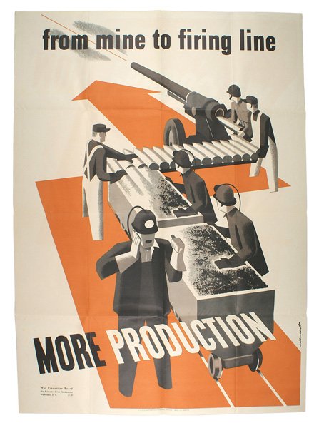 U.S. WWII WPB poster MORE PRODUCTION: L-030 U.S. WWII WPB poster - "from mine to firing line - MORE PRODUCTION". Workers are loading artillery shells on an assembly line leading to completed projectiles being fired from a cannon. 40" x 28