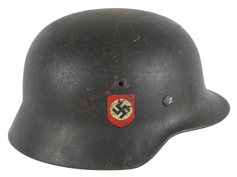 German WWII Police M1940 combat helmet: E-031 German WWII Police M1940 double-decal combat helmet. Police decal shows some linear scratches but would rate 90%. The swastika shield has some wear and small chips - would rate 80%. Original dar