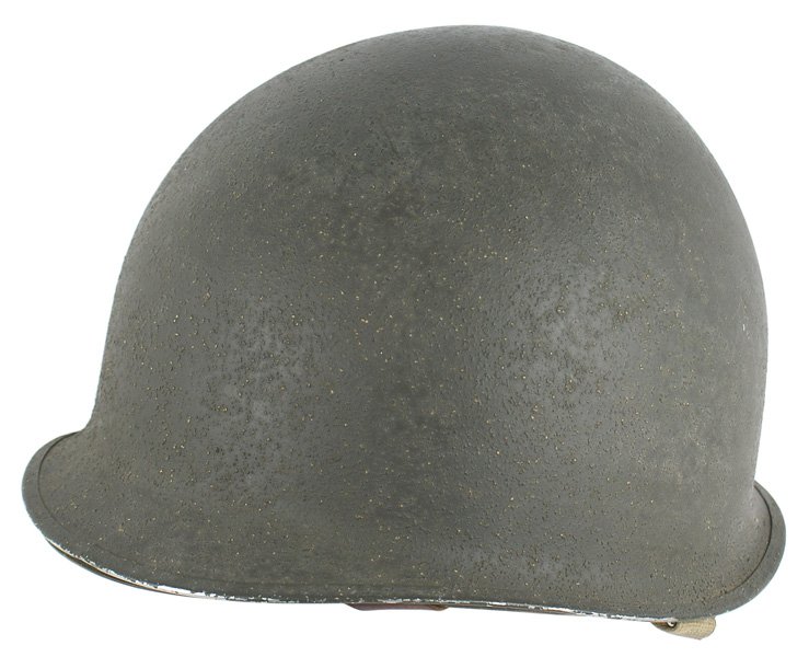 U.S. WWII M-1 helmet: E-048 U.S. WWII M-1 helmet. Fixed bale, "split" front seam, OD sand finish. Web chinstrap. Fiber liner with web/leather straps. II