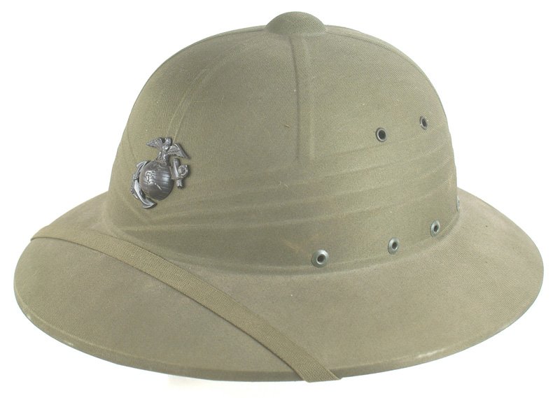 U.S. WWII Marine Corps pith helmet: E-051 U.S. WWII Marine Corps pith helmet. OD cloth covered fiber material with an affixed EGA badge. Leather sweatband and web chinstrap. Inside of helmet is marked "U.S.N. CONTRACT N140...". Excellen