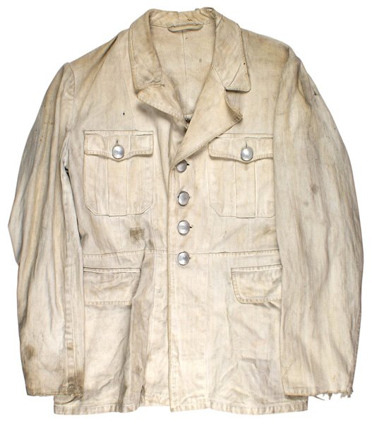 German WWII SS Officer tunic: F-020 German WWII SS Officer's summer white dress tunic. Four-pocket, quality soft HBT-type fabric. Open collar with four front and two top pebbled silver buttons. Five of the buttons are marked "RZM"