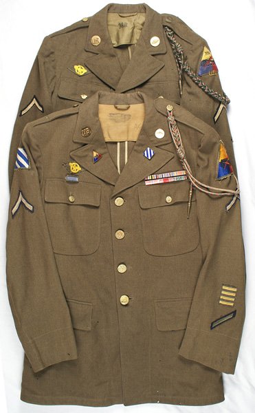 Lot of 2 U.S. WWII Armor tunics: F-030 Lot of 2 U.S. WWII Armor tunics. Both are four-pocket type and both have labels dated "1942": (1) Embroidered Armor triangle patch with "756". Also PFC stripes, four o'seas bars, service stripe 