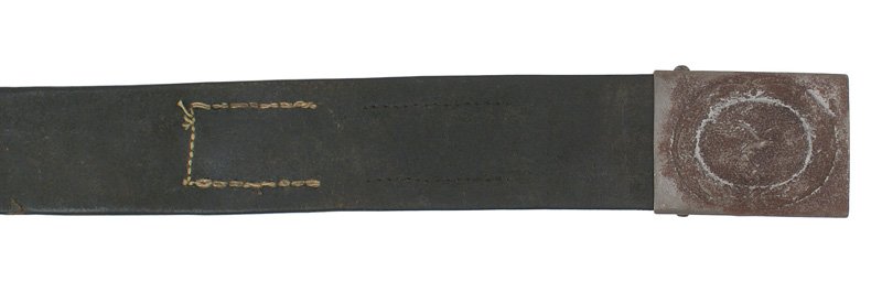 German WWII Luftwaffe EM belt: F-053 German WWII Luftwaffe EM belt and buckle. Gray steel buckle bearing a flying eagle/swastika within a relief oak leaf buckle. No tab. Solid black leather belt shows wear. Size 34 1/2. II