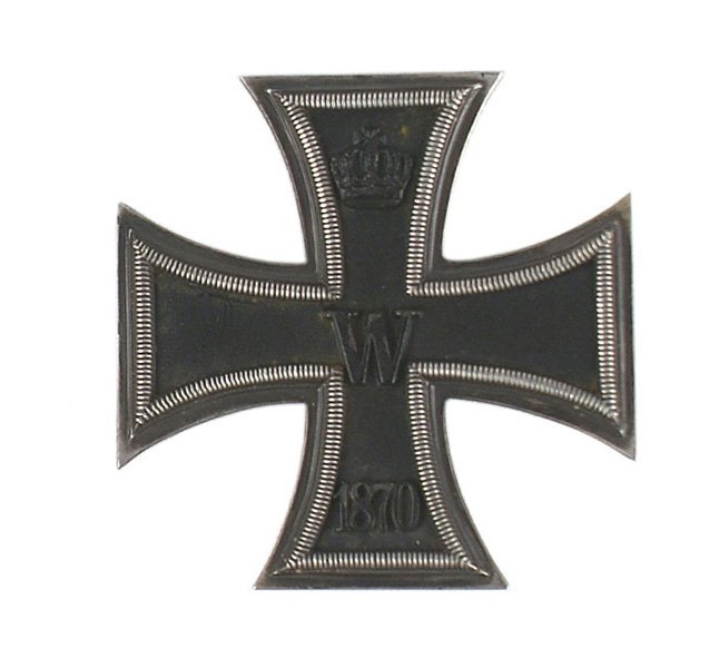 Imperial Prussian 1870 Iron Cross 1st Class: B-078 IMPERIAL GERMANY. Prussia. 1870 1st Class Iron Cross. Black cross center has a relief crown, "W" and "1870". Darkened silver patina reverse. Wide pin is marked "21" (Godet & Co. in Berlin) and s