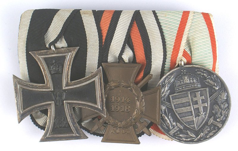Imperial Prussian 3 medal bar Iron Cross Hungarian: B-094 IMPERIAL GERMANY. Prussia. Three-medal bar: (1) 1914 Iron Cross 2nd Class. Patina on the silver frame. (2) 1914-1918 Hungarian War Medal. II+