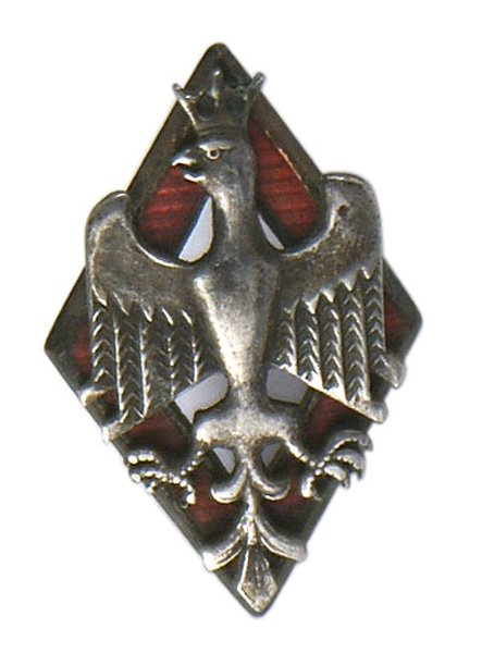 Poland Haller Corps Badge: B-425 Poland. Haller Corps Badge. Silver crowned eagle mounted on a red enameled, open center, diamond-shaped badge. Screw post on reverse. II