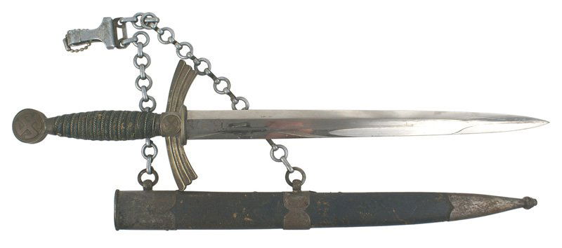 German WWII Luftwaffe 1st Model dagger: D-009 German WWII Luftwaffe 1st Model dagger. Age darkened brass sun wheel swastika on a silvered winged crossguard and round pommel. About excellent 12 1/8" blade marked with the DM logo and "SOLINGE