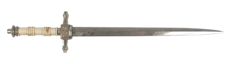 Dutch Navy Cadet Midshipman dress dagger: D-022 Dutch Navy Cadet/Midshipman dress dagger. Turned/tiered gilt pommel and crossguard bearing an anchor. 18th century Dirk style, round simulated ivory grip with turnings. "HORSTER - SOLINGEN" 9 3/