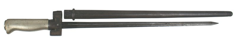 French Epee bayonet M1886/93/16/35 bayonet: D-030 French Epee bayonet M1886/93/16/35. Same as above but with a white brass round grip. 50% bluing remains on the crossguard/muzzle ring. 13 3/8" cruciform blade retains 25% of the blued finish. Ro