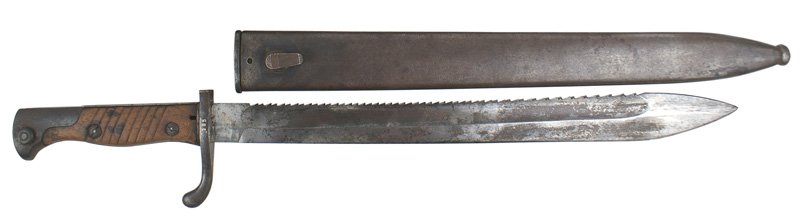 German Seitengewehr M1898/02 bayonet: D-034 Seitengewehr M1898/02 bayonet. Similar to above, however the 14 1/2" butcher blade has a serrated spine. Marked with a crown over "ERFURT". Spine is marked with a crown over "W" and "07" - Pruss