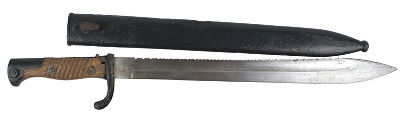German Seitengewehr M1898/02 bayonet: D-035 Seitengewehr M1898/02 bayonet. A well worn field used piece. Pommel, backstrap and crossguard were painted black. The blade is gray and is maker marked "ALEX COPPEL SOLINGEN". Old signs of sharp