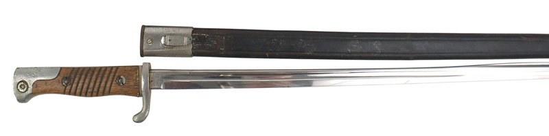 German Seitengewehr M1898 dress bayonet: D-036 Seitengewehr M1898 dress bayonet. Nickeled pommel and short crossguard with lined wood grips. About excellent 20 3/4" straight blade-marked with the back-to-back squirrel "Eickhorn" logo. Solid 