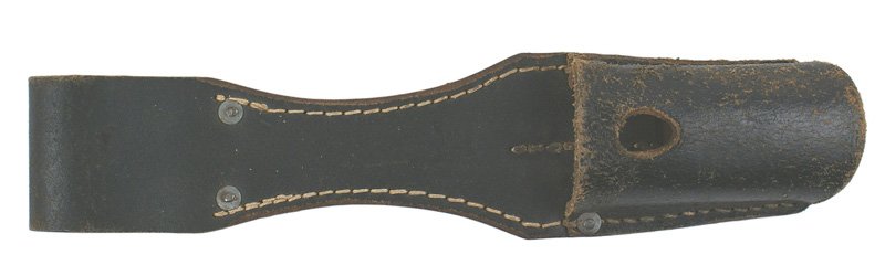 German WWI K-98 bayonet frog: D-041 German WWI black leather K-98 bayonet frog. Reverse marked with maker"... THEODOR SEIBOD - OFFENBACH A.M. 1942". Shows some expected wear. II