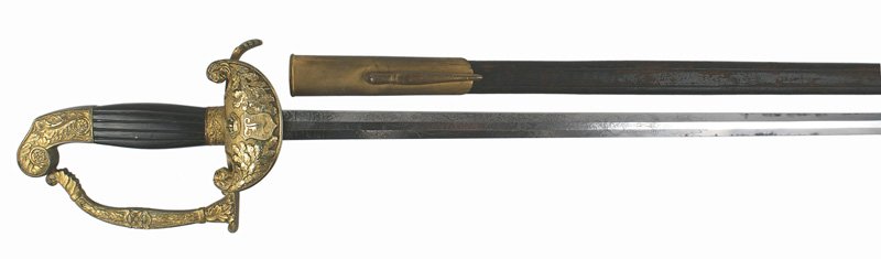 Imperial German Bavarian King Ludwig sword: D-074 Imperial German Bavarian King Ludwig Court-type dress sword. Gilt brass relief floral decorated curved pommel and reverse "D" knuckle bow. Relief crowned shield with a cypher "L" and oak leaves 