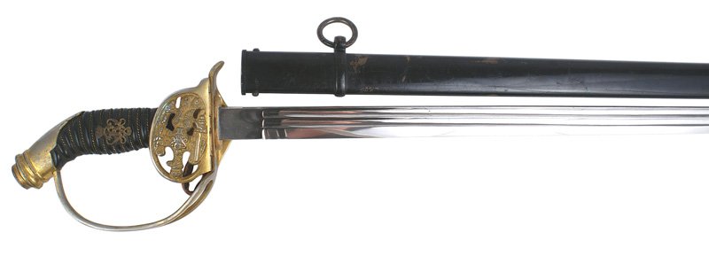 Imperial German Prussian M1889 Infantry sword: D-078 Imperial German Prussian M1889 Infantry officer's sword. Gilt washed slanted pommel and folding guard with a relief Prussian eagle. Crowned "WRII" cypher on the braided wire black horn grip. Exc
