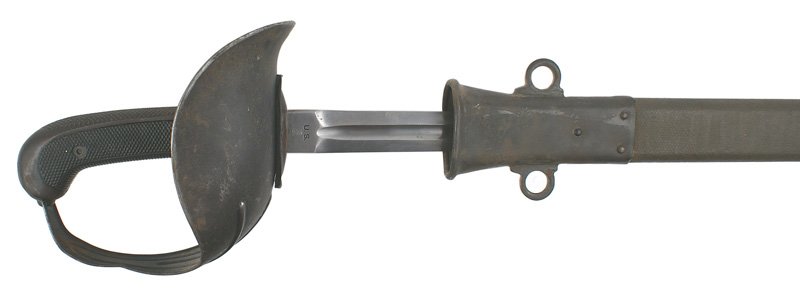 U.S. Cavalry M1913 Patton sword: D-105 U.S. Cavalry M1913 "Patton" sword. Massive steel basket guard with hardened black rubber roughened grips, with the diamond pattern extending across the steel front of the grips. Excellent double