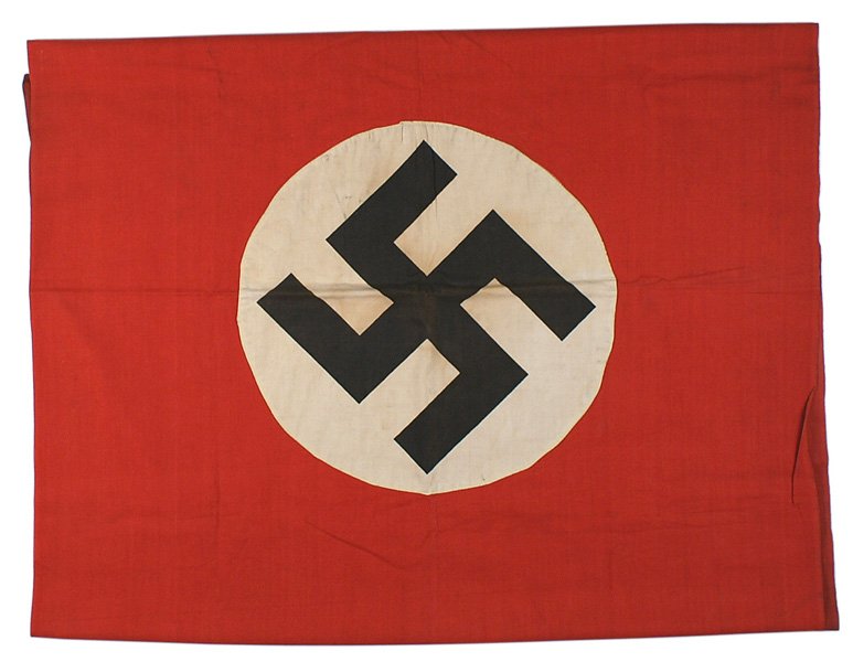 German WWII NSDAP banner flag: H-103 German WWII NSDAP banner. Printed black swastika on a white roundel, sewn to a red field. Two sided. Some light soiling. 31" x 70". About II