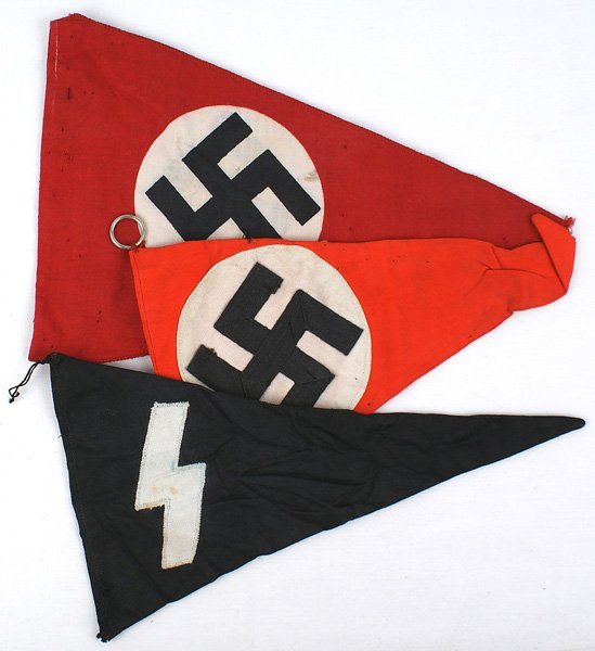 Lot of 3 German WWII pennants DJ NSDAP: H-111 Lot of three German WWII pennants: (1) DJ. White lightning bolt on black. 5 1/2" x 10". (2) NSDAP. 3-piece. 5 1/4" x 9 1/2". Rings on corners. (3) NSDAP. Printed. 6 1/2" x 10". II