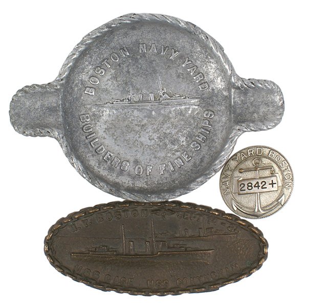 Lot of 3 Boston Navy Yard Badge etc: H-144 Lot of three Boston Navy Yard items: (1) WWII era Employee's Badge. Silvered with relief lettering, an anchor and "2842+". 1 3/4" diameter. (2) Oval Bronze desk plaque. Relief ships and "N.Y. BO