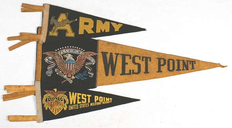 Lot of 5 vintage West Point pennants: H-165 Lot of five vintage West Point pennants: (1) "WEST POINT" with insignia. Yellow-gold on black. 8 3/4" x 3 1/2". (2) Similar with additional "UNITED STATES MILITARY ACADEMY". 5" x 12". (3) "WEST 