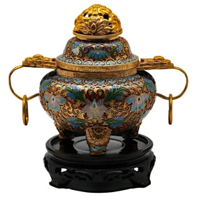 Chinese Cloisonne Tripod Censer with Pierced Lotus Cover