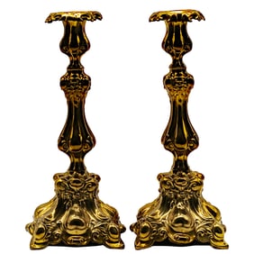 Marcin Jarra Rococo Revival Pressed Brass Candlesticks, 12 inches Tall, c. 1890-1910