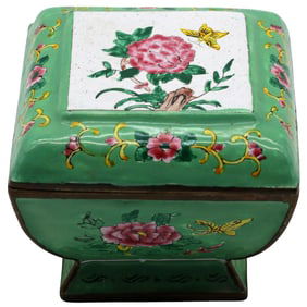 Peony & Butterfly Painted Enamel Box, Green Ground, c. 1960-1980