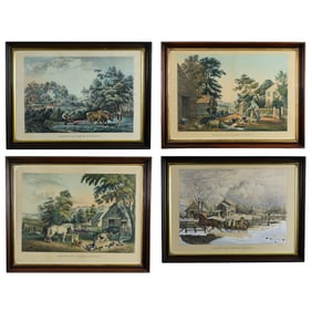 Currier & Ives: American Farm Scenes 1-4 - Hand-Colored Lithographs, c. 1850s