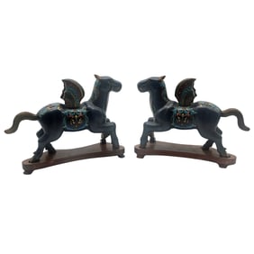 Pair of Vintage Chinese Cloisonne Winged Horses on Stands - Blue Enamel Tianma