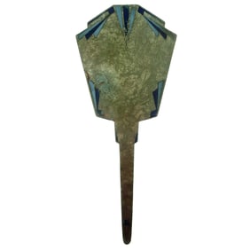 La Moderniste Art Deco Beveled Hand Mirror with Blue Geometric Inlay, c. 1925-35