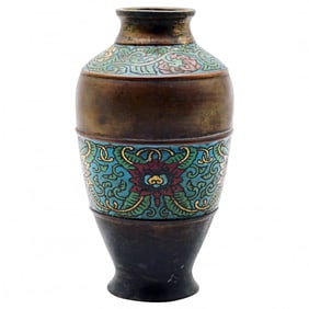 Vintage Japanese Enamel-on-Brass Vase with Floral Scrolls, mid-20th century