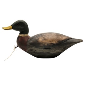 Hand-Carved Mallard Drake Duck Decoy, 14.5 inches Long with Working Weight & Line