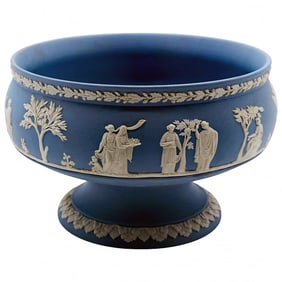1965 Wedgwood Blue Jasperware Footed Bowl / Compote, Classical Relief
