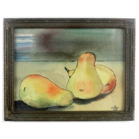 1949 Watercolor Still Life of Pears - Signed Walker - Original Mid-Century Painting in Period Frame