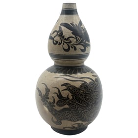 Vintage Double-Gourd Crackle Vase with Black Dragon Motif
