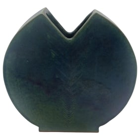 Blue-Green Notched Studio Pottery Vase  ? Sculptural Disk Form, Mid/Late 20th Century