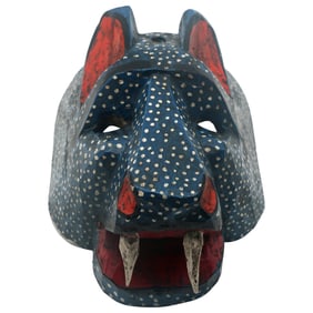 Blue Spotted Panther Mask - Hand-Carved Wood Folk Art - Vintage Wall Decor