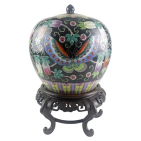 Vintage Famille Noire Chinese Porcelain Covered Jar with Gourds & Butterflies, mid-20th century