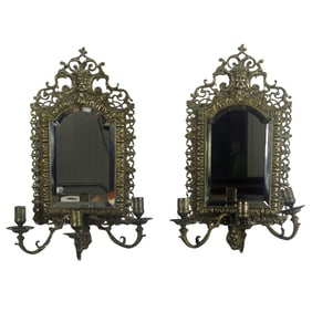 Pair of Cast Brass Girandole Mirrors, Three-Light, 21 inches