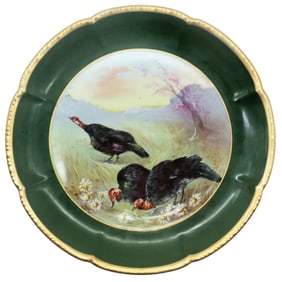 Hand-Painted Limoges Turkey Plates, Set of 9: Green & Gilt, c. 1900