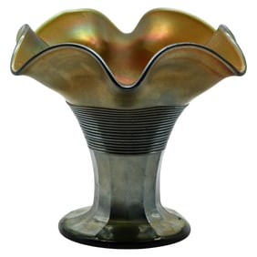 Northwood Carnival Glass Ruffled Compote/Vase - Green Base with Marigold Iridescence